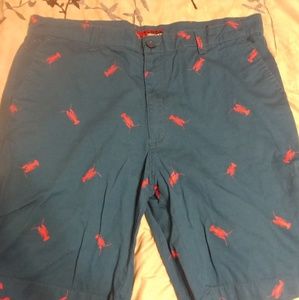 Navy blue with red lobster shorts.